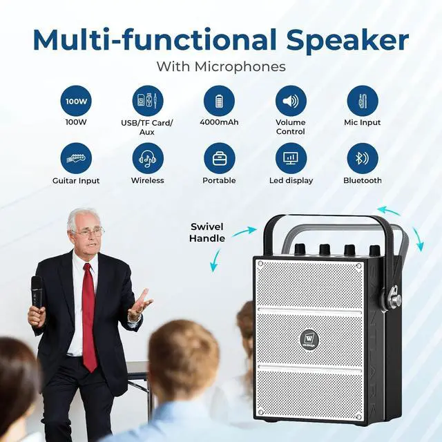 Alt view image 3 of 7 - 100W Powerful Voice Amplifier with 2 Wireless Microphones, Big Pro Sound Portable Speaker with Microphone, Bluetooth Speaker PA System Karaoke Machine Support BT/USB/TF Card/Aux/Guitar S99