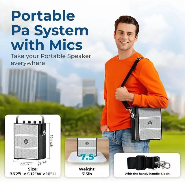 Alt view image 5 of 7 - 100W Powerful Voice Amplifier with 2 Wireless Microphones, Big Pro Sound Portable Speaker with Microphone, Bluetooth Speaker PA System Karaoke Machine Support BT/USB/TF Card/Aux/Guitar S99