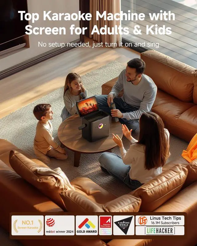 Alt view image 2 of 7 - Karaoke Machine for Adults Kids, with Lyrics Display Screen, WiFi Connect to YouTube & Karaoke App, 2 EQ Autotune Wireless Microphones Portable Karaokes PA System for Home Family Party Camping