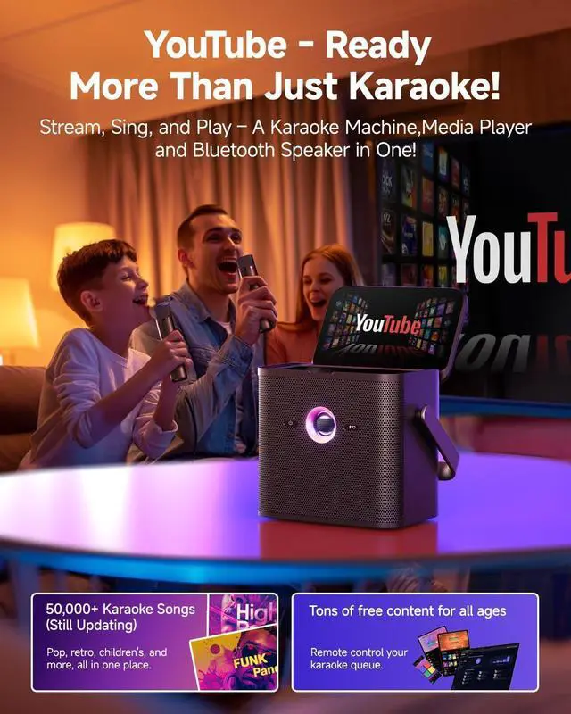 Alt view image 6 of 7 - Karaoke Machine for Adults Kids, with Lyrics Display Screen, WiFi Connect to YouTube & Karaoke App, 2 EQ Autotune Wireless Microphones Portable Karaokes PA System for Home Family Party Camping