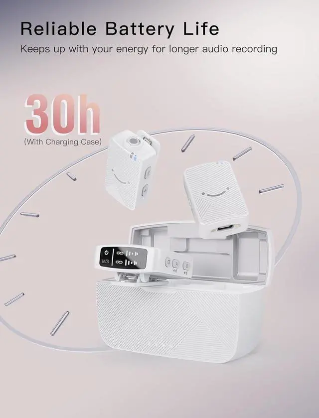 Alt view image 5 of 7 - Wireless Lavalier Microphone System, Lapel Dual Microphones Clip-on for Video Recording, Vlog, Interview, Podcast Mic Kit Compatible for iPhone, Camera, Smartphone, 30H Battery Life-M9 White