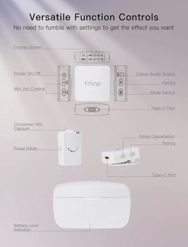 Alt view image 7 of 7 - Wireless Lavalier Microphone System, Lapel Dual Microphones Clip-on for Video Recording, Vlog, Interview, Podcast Mic Kit Compatible for iPhone, Camera, Smartphone, 30H Battery Life-M9 White