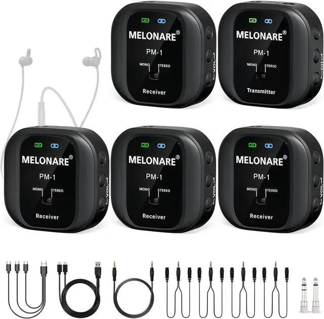 Main image of Wireless in-Ear Monitor System - UHF 500MHz, Low Latency, Auto-Pairing, 1 Beltpack Transmitter & 4 Receivers, 10 Channels, Mono/Stereo Selection, IEM for Live Shows, Studio, Bands (PM-1-4R)