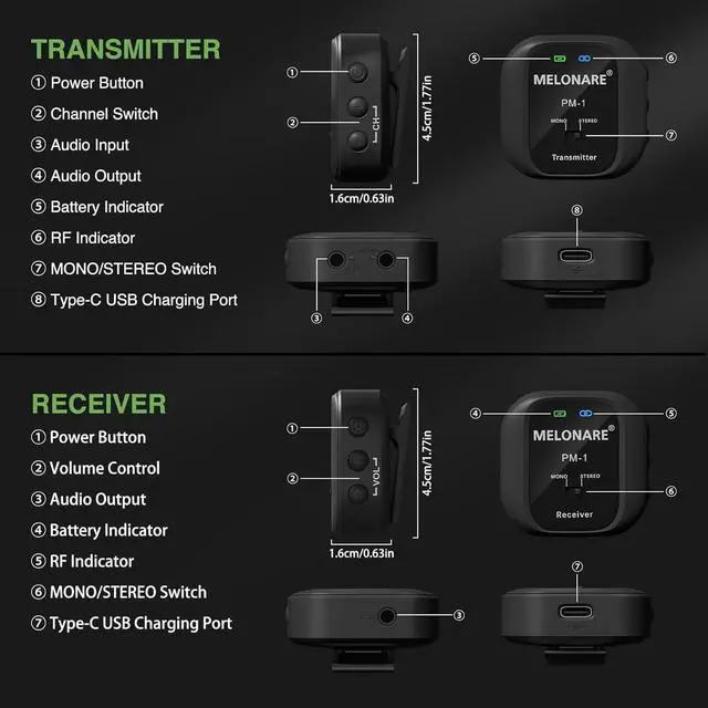Alt view image 2 of 7 - Wireless in-Ear Monitor System - UHF 500MHz, Low Latency, Auto-Pairing, 1 Beltpack Transmitter & 4 Receivers, 10 Channels, Mono/Stereo Selection, IEM for Live Shows, Studio, Bands (PM-1-4R)