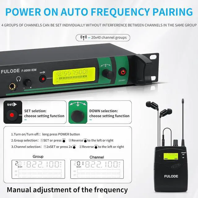Alt view image 6 of 7 - IEM UHF Wireless in Ear Monitor System 2 Channel 8 Bodypacks Monitoring with in Earphone, 2x40 UHF Frequencies, for Stage, Studio and Church, 330Ft Range (8 Bodypack)