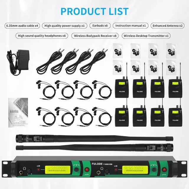 Alt view image 7 of 7 - IEM UHF Wireless in Ear Monitor System 2 Channel 8 Bodypacks Monitoring with in Earphone, 2x40 UHF Frequencies, for Stage, Studio and Church, 330Ft Range (8 Bodypack)