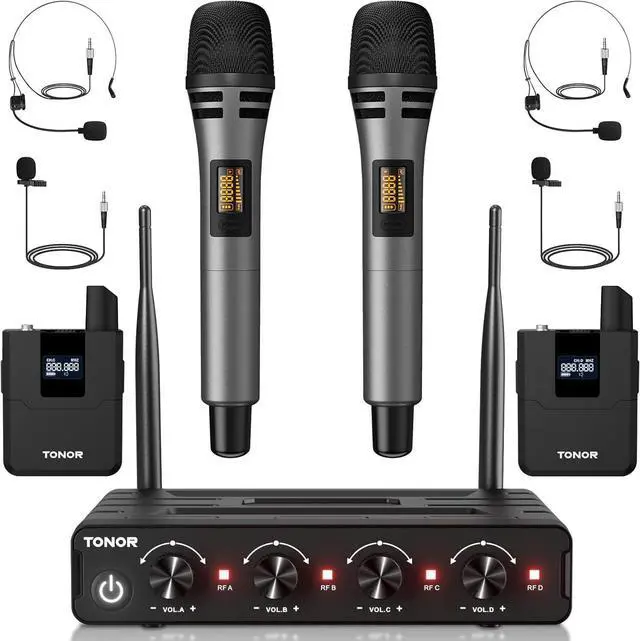 Main image of Wireless Microphone System, 4 * 10-Channel UHF Cordless Handheld Mic Set with Headset/Lavalier Lapel Mics, Bodypack Transmitter, Receiver, 200ft Range for Karaoke Singing Church DJ PA Speaker