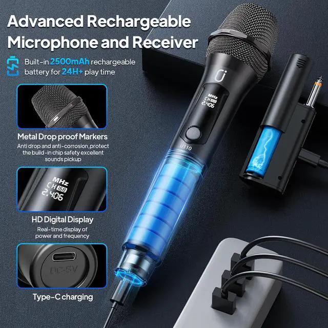 Alt view image 3 of 7 - Wireless Microphones, Two Rechargeable Bluetooth 5.3 Microphones for Karaoke Singing, Rechargeable Dynamic Mic System with Receiver for Church, Party, Meeting, Speech, PA System, Plug and Play