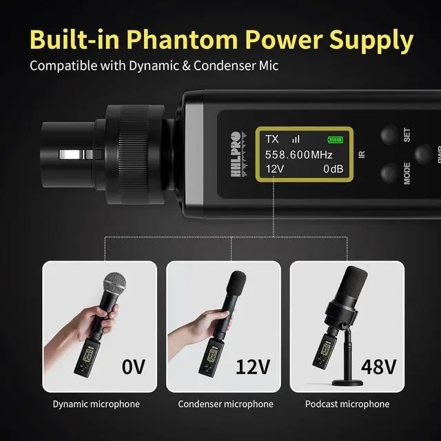Alt view image 4 of 7 - UHF Wireless XLR Transmitter and Receiver, 150 ft Range, Plug-on Wireless Microphone Adapter for Dynamic & Condenser Mic, Auto Channel Scanning, Compatible with Audio Mixer, PA System, F20