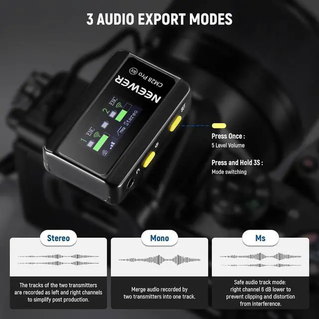 Alt view image 3 of 7 - CM28 PRO Wireless Lavalier Lapel Microphone System with Charging Case 48KHz 16 Bit Uncompressed Audio Noise Canceling 4GB Storage 9Hrs Recording Compatible with iPhone iPad Android Camera PC
