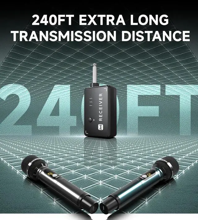 Alt view image 4 of 7 - Wireless Microphones, Professional UHF Dual Wireless Microphone with 240 ft Effective Range, 3ms Transmission Rate, Studio Grade Sound Pick Up Mic Head, Metal Body, Microphone for Singing, Speech