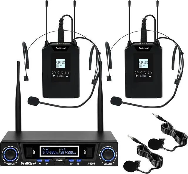 Main image of Wireless Microphone System, Metal Dual Wireless Lavalier & Headset Mic, 2x10 Frequencies, Wireless Microphone System for Home Karaoke, Meeting, Party, Church, 262ft Range (2 Bodypack)