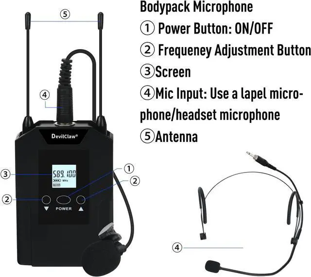 Alt view image 4 of 7 - Wireless Microphone System, Metal Dual Wireless Lavalier & Headset Mic, 2x10 Frequencies, Wireless Microphone System for Home Karaoke, Meeting, Party, Church, 262ft Range (2 Bodypack)