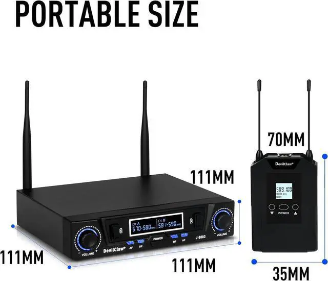 Alt view image 5 of 7 - Wireless Microphone System, Metal Dual Wireless Lavalier & Headset Mic, 2x10 Frequencies, Wireless Microphone System for Home Karaoke, Meeting, Party, Church, 262ft Range (2 Bodypack)