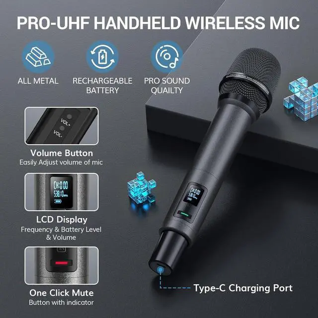 Alt view image 4 of 7 - Wireless Microphone System, Auto Scan & Pair UHF Rechargeable Karaoke Mic, 2x100 Professional Dynamic Cordless Mic for Singing Church Wedding DJ with Adjustable Volume, Quick Mute 262ft TW550