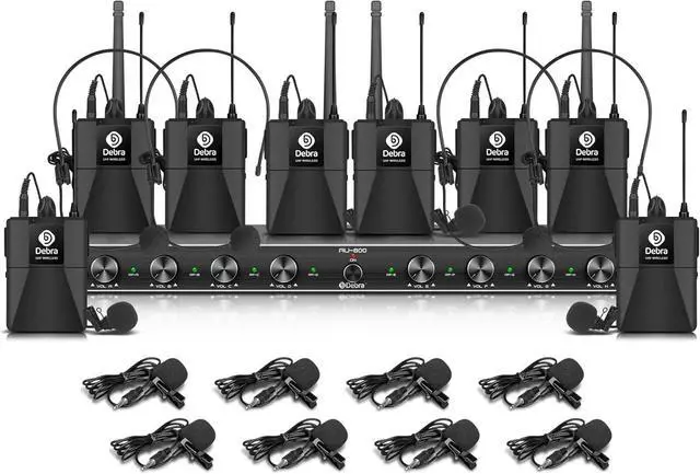 Main image of Audio AU800 Pro UHF 8 Channel Wireless Microphone System with Cordless Handheld Lavalier Headset Mics, Metal Receiver, Ideal for Karaoke Church Party (8 Bodypack)