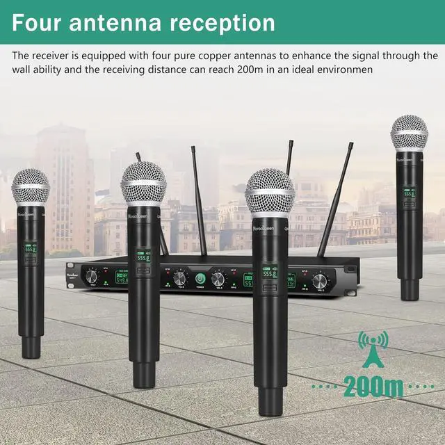 Alt view image 2 of 7 - Wireless Microphone System, 4-Channel UHF Professional Mic, Automatically Pair Metal Cordless Mic with 4 Metal Handheld Microphones, 400ft Range, for Singing, Karaoke, Party