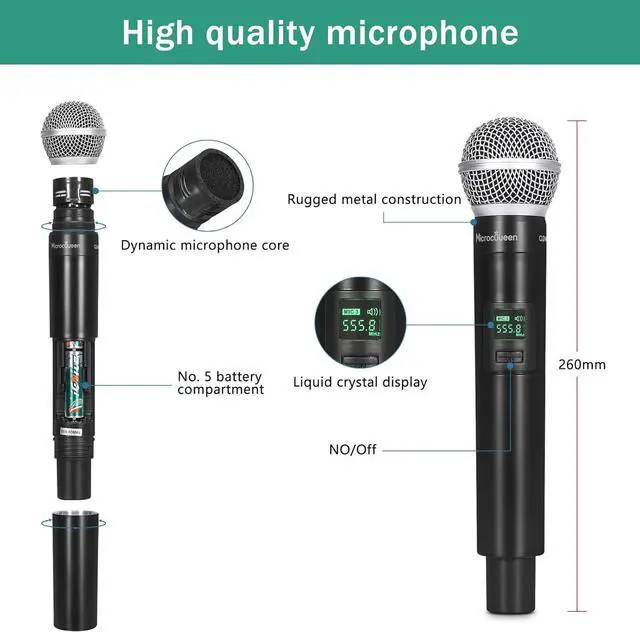 Alt view image 7 of 7 - Wireless Microphone System, 4-Channel UHF Professional Mic, Automatically Pair Metal Cordless Mic with 4 Metal Handheld Microphones, 400ft Range, for Singing, Karaoke, Party