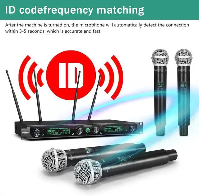 Alt view image 4 of 7 - Wireless Microphone System, 4-Channel UHF Professional Mic, Automatically Pair Metal Cordless Mic with 4 Metal Handheld Microphones, 400ft Range, for Singing, Karaoke, Party