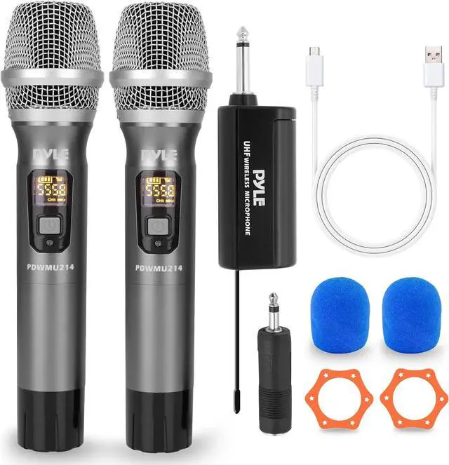 Main image of UHF Wireless Microphone System Kit - Dual Professional Battery Operated Handheld Dynamic Unidirectional Cordless Microphone Transmitter Set w/Adapter Receiver - PA Karaoke DJ Party PDWMU214,Black