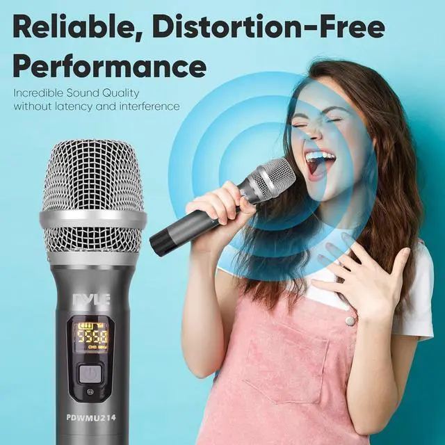 Alt view image 5 of 6 - UHF Wireless Microphone System Kit - Dual Professional Battery Operated Handheld Dynamic Unidirectional Cordless Microphone Transmitter Set w/Adapter Receiver - PA Karaoke DJ Party PDWMU214,Black
