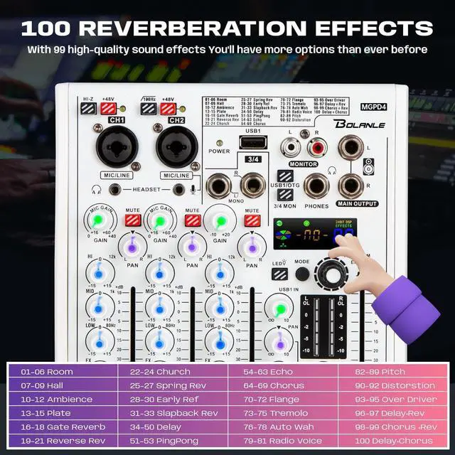 Alt view image 2 of 7 - 4-channel Mixer Professional Audio Mixer with Built-in Sound Card and Recording Function, USB Audio Interface/Bluetooth, Suitable for Podcasting, Karaoke, Studio