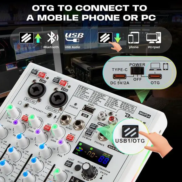 Alt view image 4 of 7 - 4-channel Mixer Professional Audio Mixer with Built-in Sound Card and Recording Function, USB Audio Interface/Bluetooth, Suitable for Podcasting, Karaoke, Studio