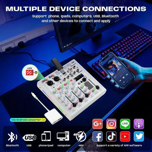 Alt view image 3 of 7 - 4-channel Mixer Professional Audio Mixer with Built-in Sound Card and Recording Function, USB Audio Interface/Bluetooth, Suitable for Podcasting, Karaoke, Studio