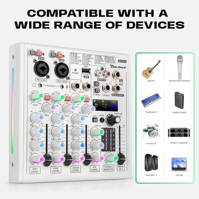 Alt view image 6 of 7 - 4-channel Mixer Professional Audio Mixer with Built-in Sound Card and Recording Function, USB Audio Interface/Bluetooth, Suitable for Podcasting, Karaoke, Studio