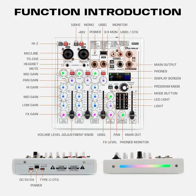Alt view image 7 of 7 - 4-channel Mixer Professional Audio Mixer with Built-in Sound Card and Recording Function, USB Audio Interface/Bluetooth, Suitable for Podcasting, Karaoke, Studio