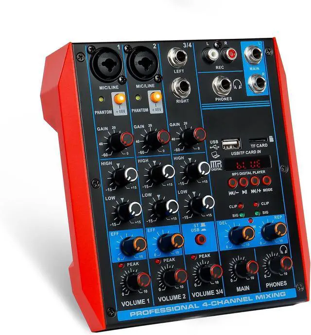 Main image of 4 Channel Audio Mixer Portable Mini Sound Board Console with USB Audio Interface 48V Phantom Power Bluetooth USB MP3 DJ Mixer for Live Performance DJ Stage