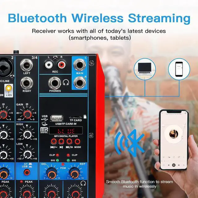 Alt view image 2 of 7 - 4 Channel Audio Mixer Portable Mini Sound Board Console with USB Audio Interface 48V Phantom Power Bluetooth USB MP3 DJ Mixer for Live Performance DJ Stage