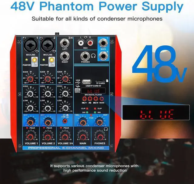 Alt view image 3 of 7 - 4 Channel Audio Mixer Portable Mini Sound Board Console with USB Audio Interface 48V Phantom Power Bluetooth USB MP3 DJ Mixer for Live Performance DJ Stage