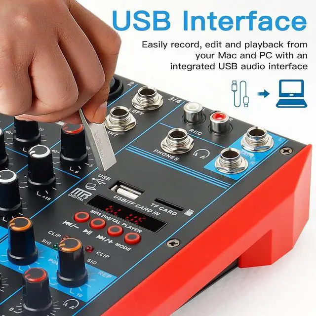 Alt view image 4 of 7 - 4 Channel Audio Mixer Portable Mini Sound Board Console with USB Audio Interface 48V Phantom Power Bluetooth USB MP3 DJ Mixer for Live Performance DJ Stage