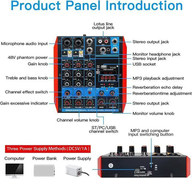 Alt view image 6 of 7 - 4 Channel Audio Mixer Portable Mini Sound Board Console with USB Audio Interface 48V Phantom Power Bluetooth USB MP3 DJ Mixer for Live Performance DJ Stage