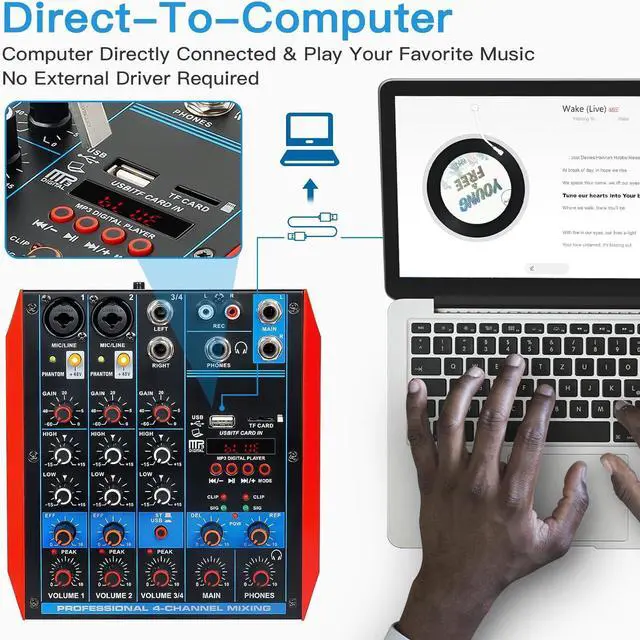 Alt view image 7 of 7 - 4 Channel Audio Mixer Portable Mini Sound Board Console with USB Audio Interface 48V Phantom Power Bluetooth USB MP3 DJ Mixer for Live Performance DJ Stage