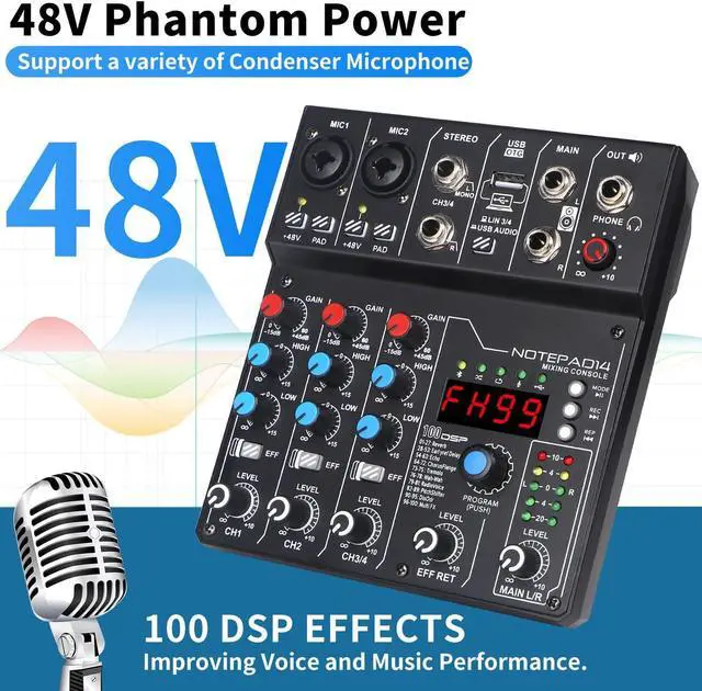 Alt view image 2 of 7 - 4 Channel Audio Mixer with 99 Sound Effects for PC,BT DJ Mixer Portable Sound Mixing Console with USB Recording Input for Live Streaming,Podcasting,DJ Show,Wedding