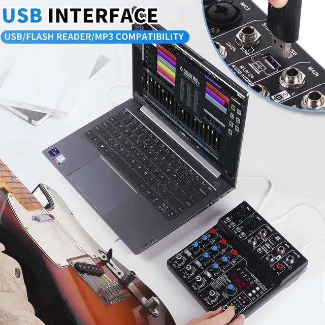 Alt view image 3 of 7 - 4 Channel Audio Mixer with 99 Sound Effects for PC,BT DJ Mixer Portable Sound Mixing Console with USB Recording Input for Live Streaming,Podcasting,DJ Show,Wedding