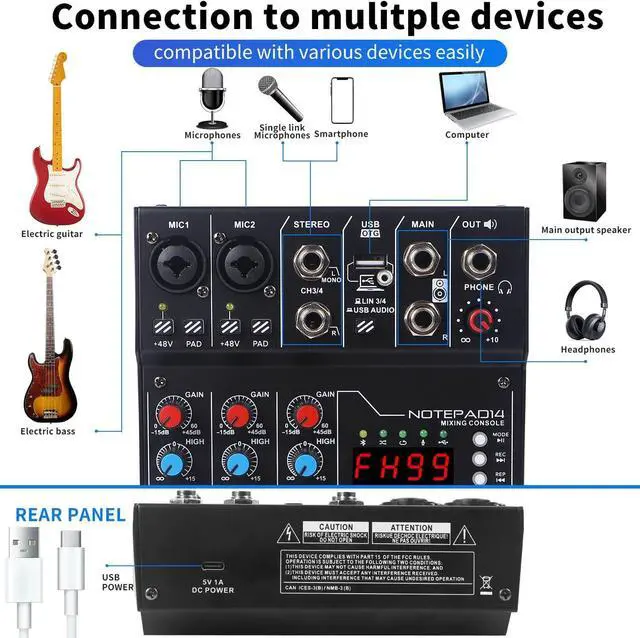Alt view image 5 of 7 - 4 Channel Audio Mixer with 99 Sound Effects for PC,BT DJ Mixer Portable Sound Mixing Console with USB Recording Input for Live Streaming,Podcasting,DJ Show,Wedding