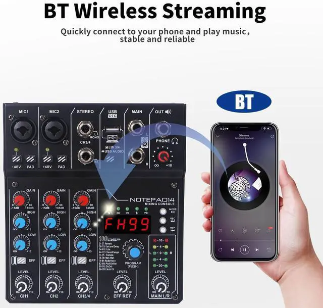 Alt view image 4 of 7 - 4 Channel Audio Mixer with 99 Sound Effects for PC,BT DJ Mixer Portable Sound Mixing Console with USB Recording Input for Live Streaming,Podcasting,DJ Show,Wedding
