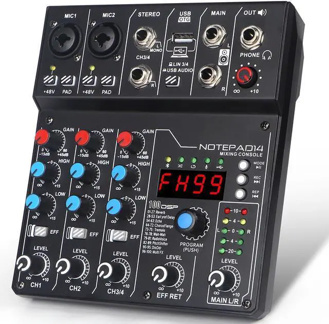 Main image of 4 Channel Audio Mixer with 99 Sound Effects for PC,BT DJ Mixer Portable Sound Mixing Console with USB Recording Input for Live Streaming,Podcasting,DJ Show,Wedding