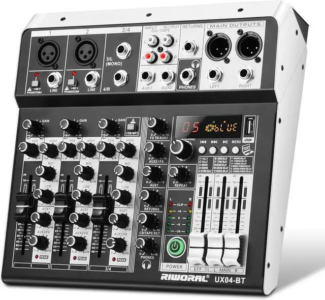 Main image of 4 Channel Audio Interfacer DJ Mixer Sound Board 16-Bit DSP Effect USB Audio Mixer Effects +48V Phantom Bluetooth for Karaoke Studio Streaming Recording,Live Streaming