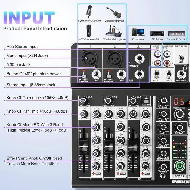 Alt view image 2 of 7 - 4 Channel Audio Interfacer DJ Mixer Sound Board 16-Bit DSP Effect USB Audio Mixer Effects +48V Phantom Bluetooth for Karaoke Studio Streaming Recording,Live Streaming