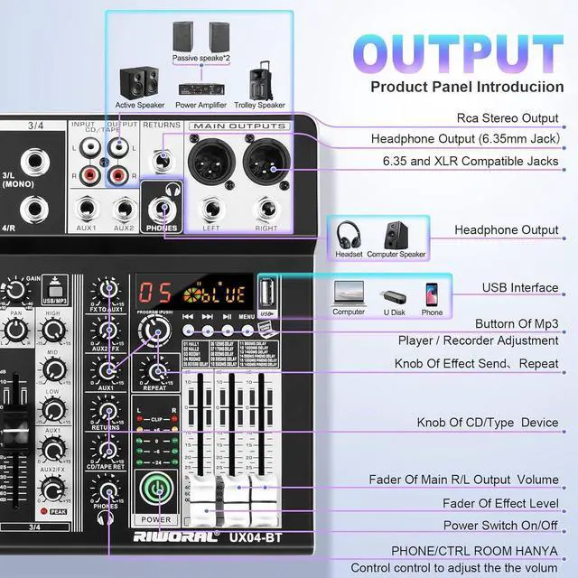 Alt view image 3 of 7 - 4 Channel Audio Interfacer DJ Mixer Sound Board 16-Bit DSP Effect USB Audio Mixer Effects +48V Phantom Bluetooth for Karaoke Studio Streaming Recording,Live Streaming