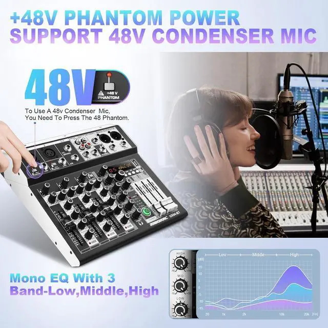 Alt view image 5 of 7 - 4 Channel Audio Interfacer DJ Mixer Sound Board 16-Bit DSP Effect USB Audio Mixer Effects +48V Phantom Bluetooth for Karaoke Studio Streaming Recording,Live Streaming