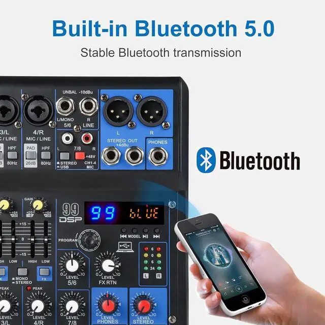 Alt view image 2 of 7 - Dj Mixers 8 Channel Audio Mixer Sound Board with Bluetooth, Usb Audio Interface with Sound Card Recording and 48V Phantom Power Sounds Mixer Board with 99 DSP FX Reverb Delay Effect for Streaming