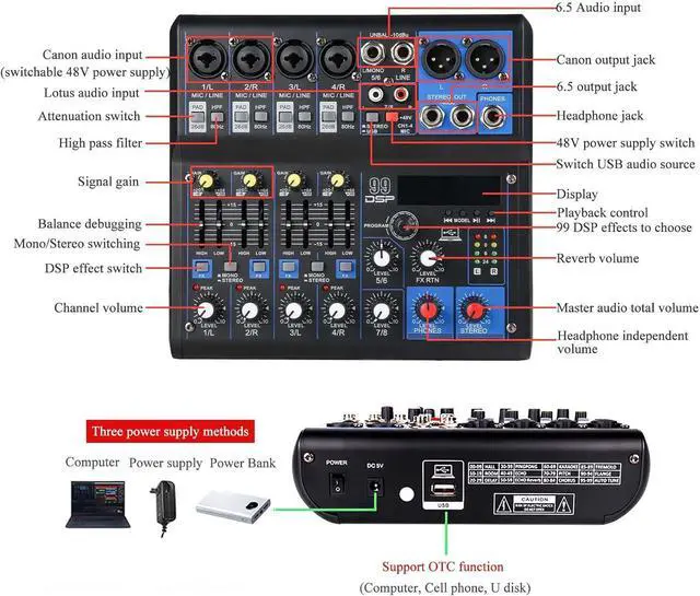Alt view image 3 of 7 - Dj Mixers 8 Channel Audio Mixer Sound Board with Bluetooth, Usb Audio Interface with Sound Card Recording and 48V Phantom Power Sounds Mixer Board with 99 DSP FX Reverb Delay Effect for Streaming