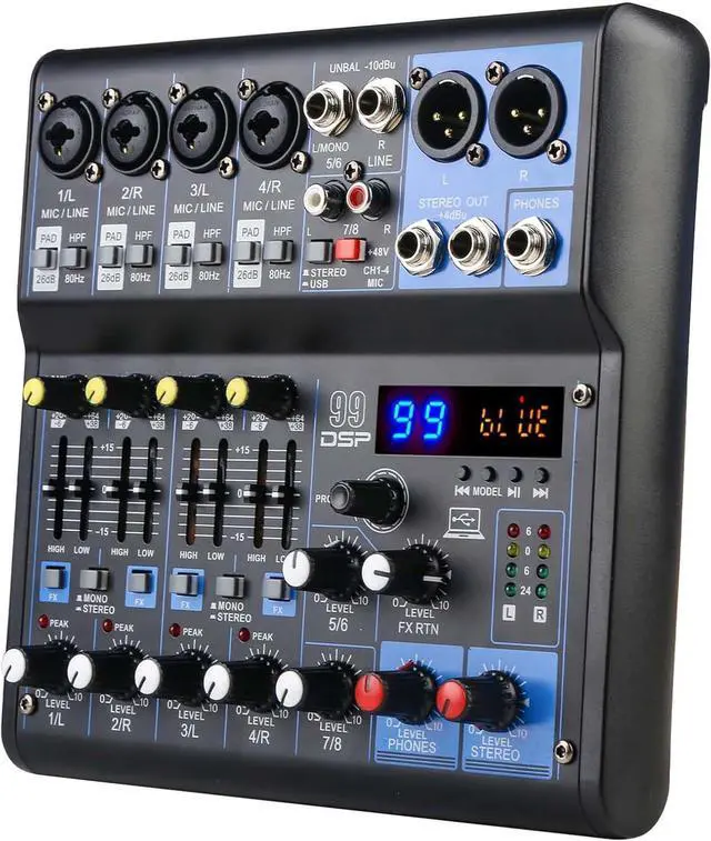 Alt view image 4 of 7 - Dj Mixers 8 Channel Audio Mixer Sound Board with Bluetooth, Usb Audio Interface with Sound Card Recording and 48V Phantom Power Sounds Mixer Board with 99 DSP FX Reverb Delay Effect for Streaming