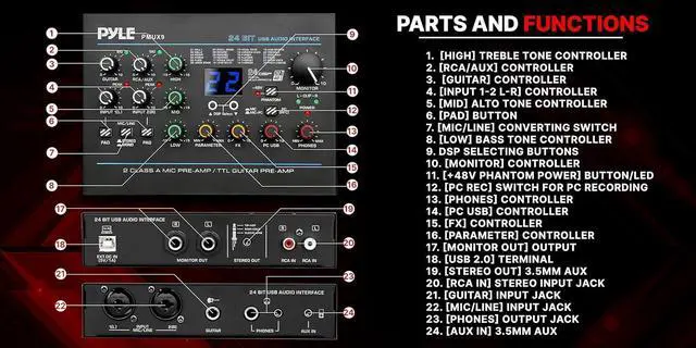 Alt view image 2 of 7 - USB Audio Interface - MIC/LINE - Guitar - AUX Stereo & RCA Inputs - Preset 24 Digital Effects - Phantom Power - Phone/Stereo/Monitor/Headphone Outputs - For Computer Playing & Recording - PMUX9