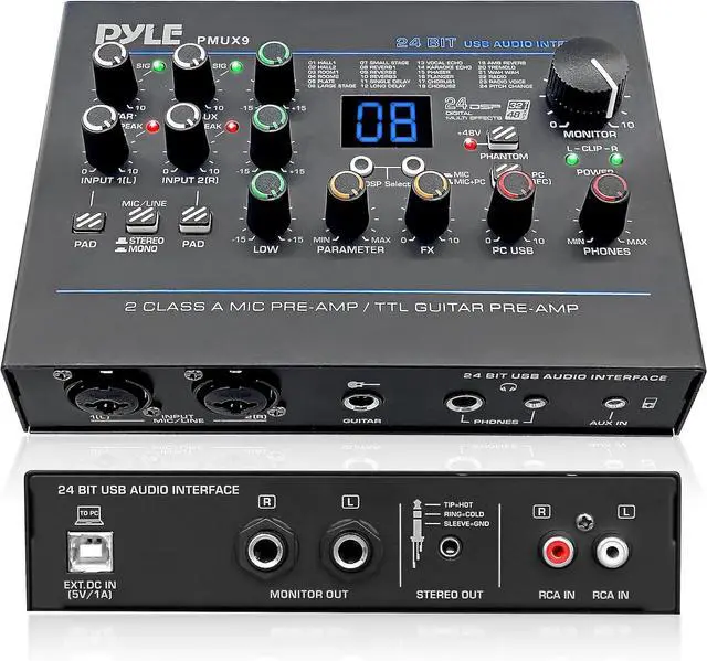 Main image of USB Audio Interface - MIC/LINE - Guitar - AUX Stereo & RCA Inputs - Preset 24 Digital Effects - Phantom Power - Phone/Stereo/Monitor/Headphone Outputs - For Computer Playing & Recording - PMUX9